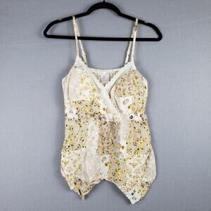 Y2K Patchwork Paisley Asymmetrical Babydoll Tank Top Beige Yellow Western Size S